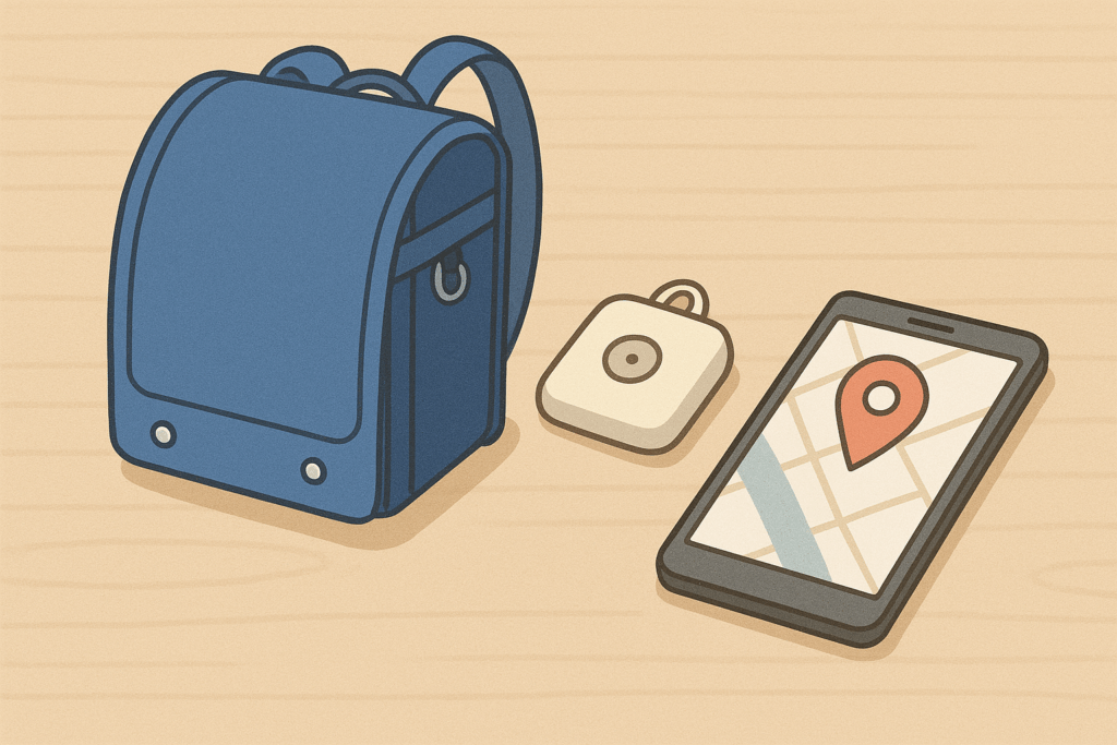 ランドセルと子ども用GPS端末、位置情報を表示したスマホが机の上に置かれている写真。トークなしでシンプルに見守るイメージ。