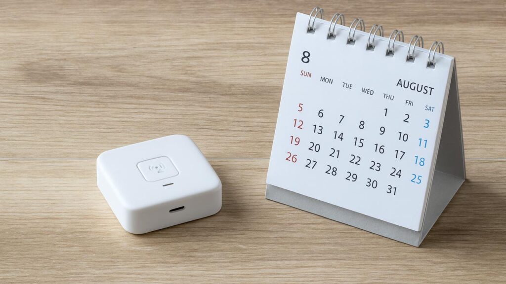 学年ごとの通学や放課後の行動をイメージしたカレンダーと、子ども用GPS端末を並べた写真。