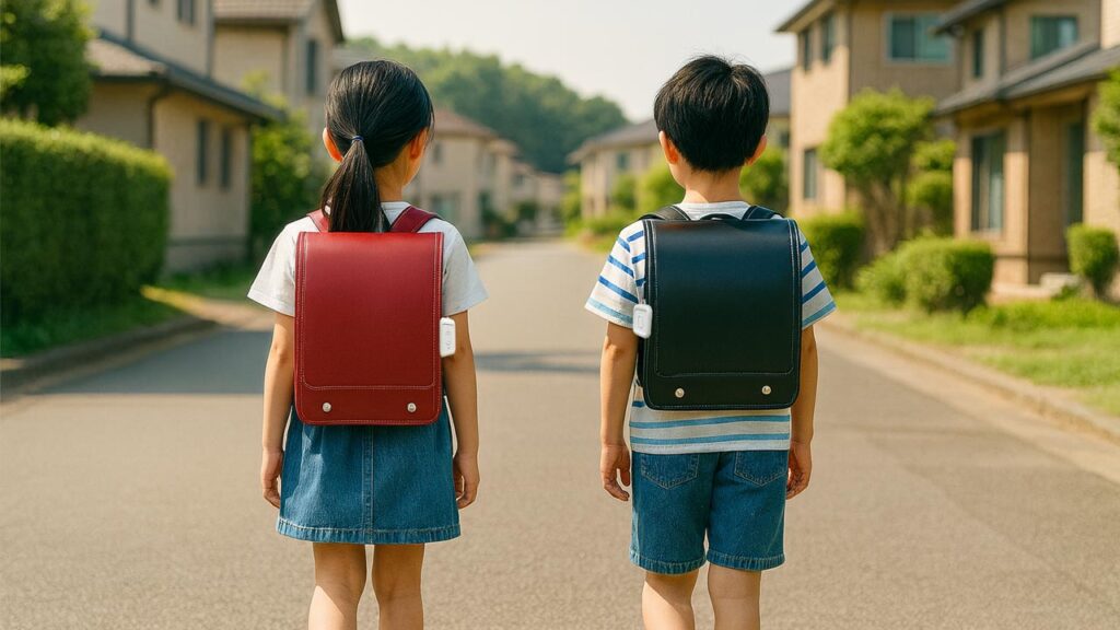 ランドセルのポケットから子ども用GPS端末が少し見えている様子の写真。小学生の登下校を子どもGPSで見守るイメージ。