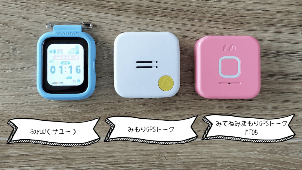 みてねみまもりGPSトーク、みもりGPSトーク、SAUUの3機種を並べて、それぞれに小さなラベルで機種名を書いた比較写真。